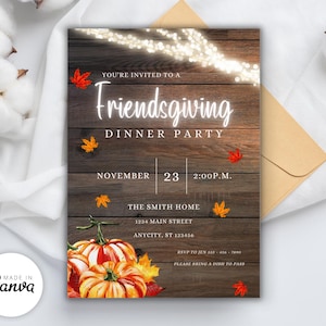 Friendsgiving Invitation Template | Fall Thanksgiving Invite | Canva Template | Editable Friendsgiving Dinner Party Invite