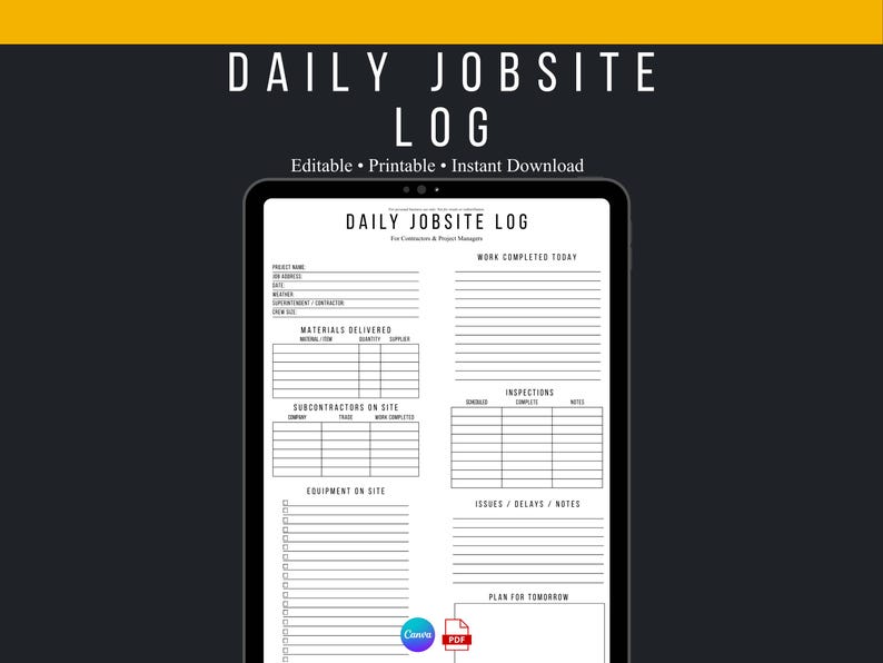 Entreprenörens dagliga arbetslogg | Byggprojektrapport (Canva och PDF) bild 1