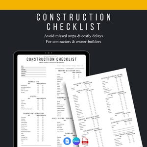 Liste de contrôle du projet de construction | Planificateur de travaux (Canva, Google Docs, PDF)