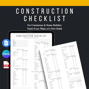 Modèle de liste de contrôle de construction | Planificateur de construction de maisons | Toile modifiable + Google Docs
