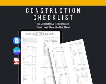 Mall för byggchecklista | Byggplanerare för hus | Redigerbar Canva + Google Dokument