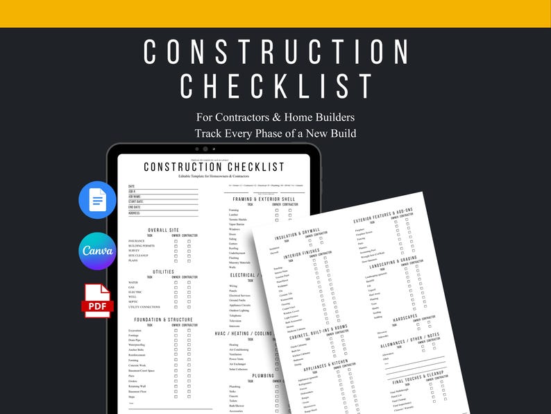 Construction Checklist Template | Home Build Planner | Editable Canva ...