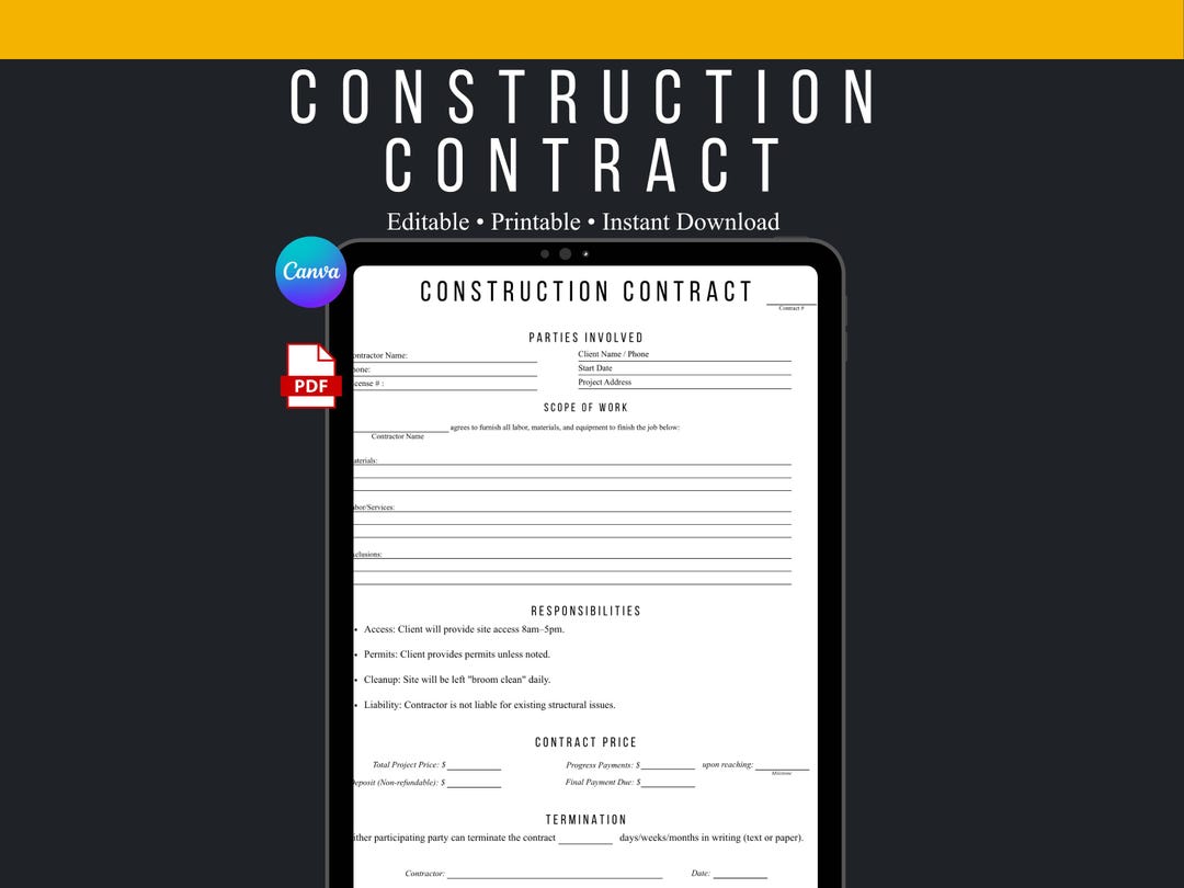 Construction Contract Template | Editable Service Agreement (PDF ...