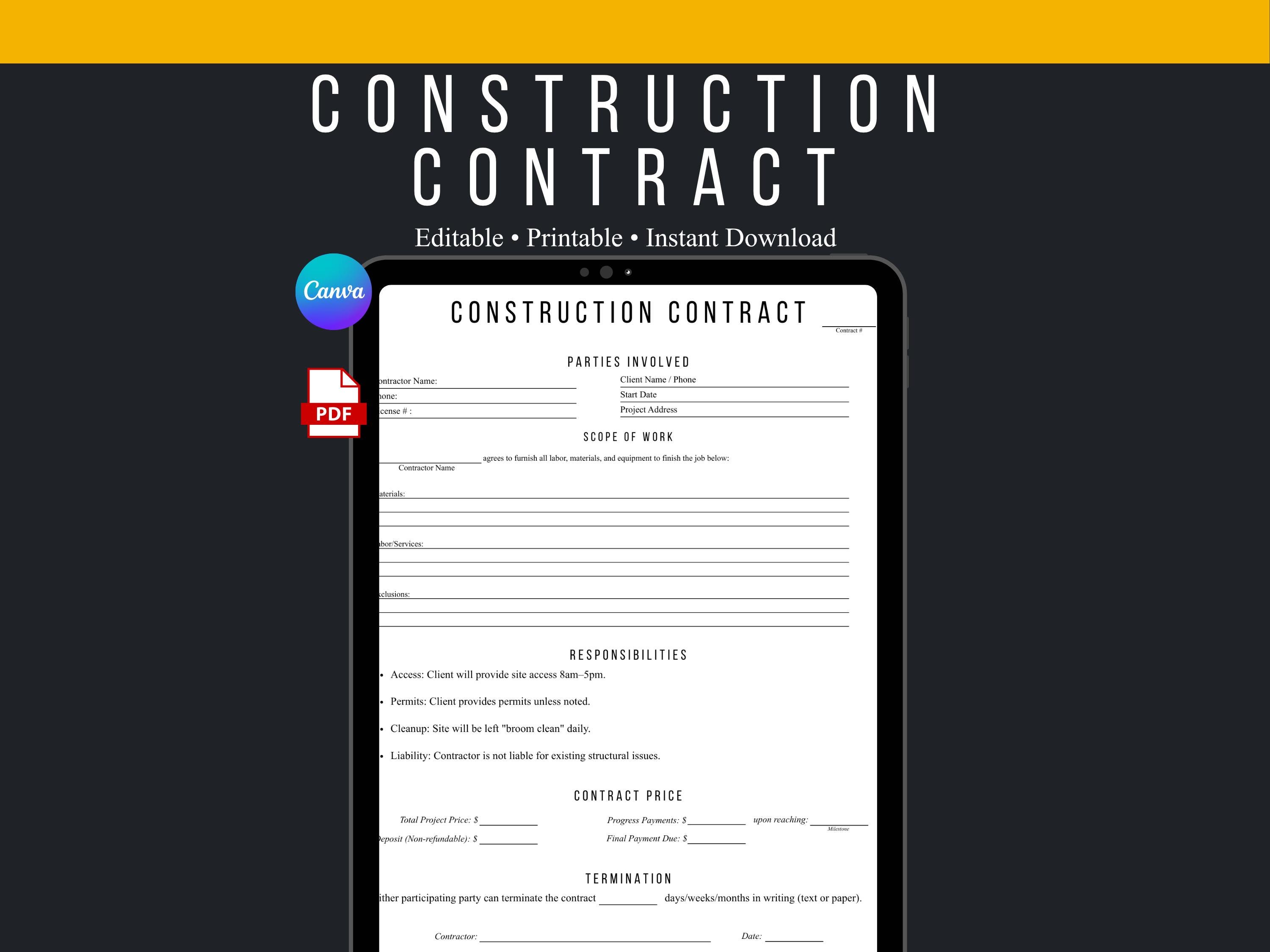 Construction Contract Template | Editable Service Agreement (PDF ...