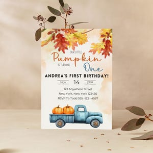 Little Blue Truck Pumpkin 1st Birthday Invitation (Digital Download)