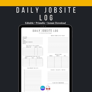 Puede incluir: Una plantilla digital de registro diario de obra mostrada en la pantalla de una tableta. El documento incluye secciones para detalles del proyecto, materiales entregados, subcontratistas, equipo, trabajo completado, inspecciones y notas.