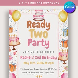 Ready Two Party Invitation Template: 2nd Birthday, Editable 5x7 (Digital Download)