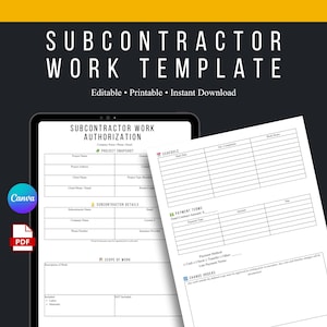 Pode incluir: Um modelo digital para trabalhos de subcontratação, exibido em um tablet e uma folha de papel separada. O modelo inclui seções para autorização, detalhes do projeto e termos de pagamento. O texto "SUBCONTRACTOR WORK TEMPLATE" está no topo.