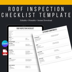 May include: A digital roof inspection checklist template featuring sections for property details, roof type, overall condition, roof covering, flashing, gutters, and exterior components. The document includes checkboxes and lines for notes.