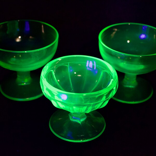 Uranium Glass Sherbet Bowls, Glowing Green Glass, Radioactive Depression Glass, Vintage Green Glass