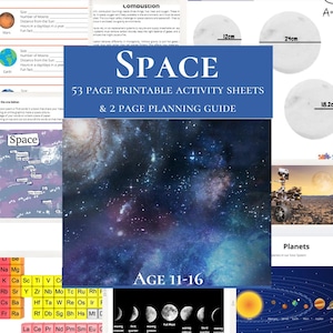 Könnte beinhalten: Ein druckbares Weltraum-Aktivitätsset für Kinder im Alter von 11-16 Jahren. Das Cover zeigt ein Nebelbild und das Wort "SPACE". Enthält 53 Arbeitsblätter und einen 2-seitigen Planungsleitfaden. Lehrmaterialien zum Thema Weltraum.
