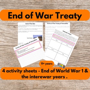 May include: Four black and white printable activity sheets for students to learn about the end of World War I and the interwar years. The sheets include text and images. The title of the resource is "End of War Treaty".