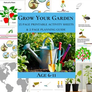 Puede incluir: Una hoja de actividades imprimible con tem&aacute;tica de jardiner&iacute;a para ni&ntilde;os de 6 a 11 a&ntilde;os. La imagen presenta una regadera galvanizada, palas coloridas y el texto "Grow Your Garden". Tambi&eacute;n se incluyen diagramas educativos de plantas.