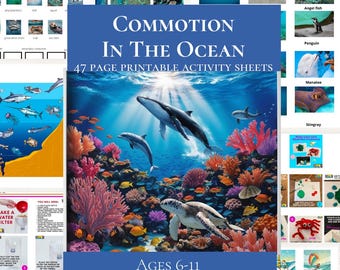 Unidad de estudio sobre el océano y el mar, actividades de piratas, animales marinos (ballenas, tortugas), hojas de trabajo sobre la cadena alimentaria, aprendizaje digital para niños bajo el mar