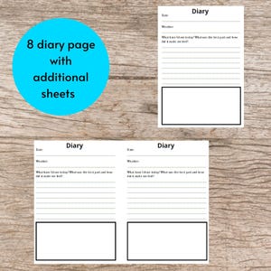 May include: A set of diary pages with lined sections for writing, including prompts for the date, weather, and daily reflections. The text "Diary" is at the top of each page. A blue circle indicates the diary has 8 pages with additional sheets.