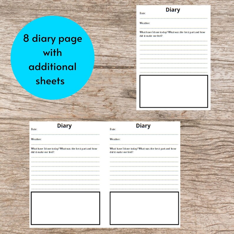 May include: A set of diary pages with lined sections for writing, including prompts for the date, weather, and daily reflections. The text "Diary" is at the top of each page. A blue circle indicates the diary has 8 pages with additional sheets.
