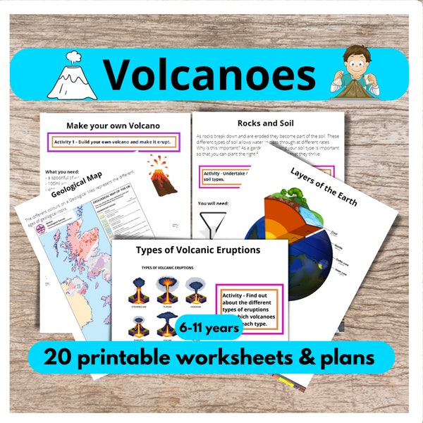 Fiches de travail et planification sur le volcan, éducation numérique à domicile ou unité d'étude de l'enseignement à domicile, activité d'apprentissage sur le sujet Terre et catastrophes naturelles