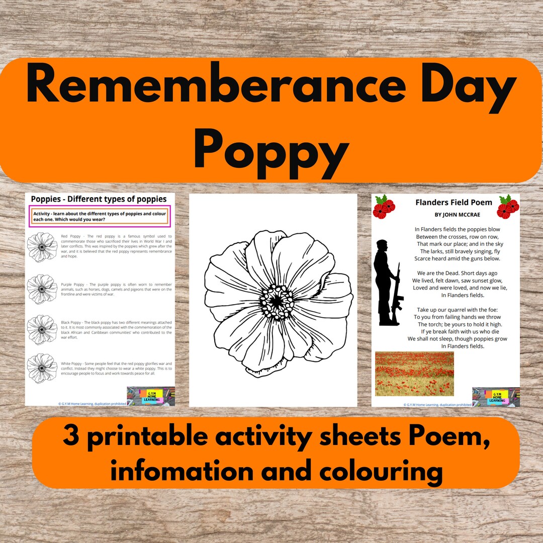 Remembrance Day Poppy Worksheet and Poem Kids Printable Poppy Etsy