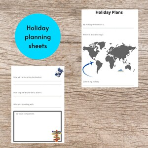 May include: Holiday planning sheets with a blue circle and text. The sheets include prompts for travel planning, such as destination, travel companions, and arrival details. A world map graphic is included.