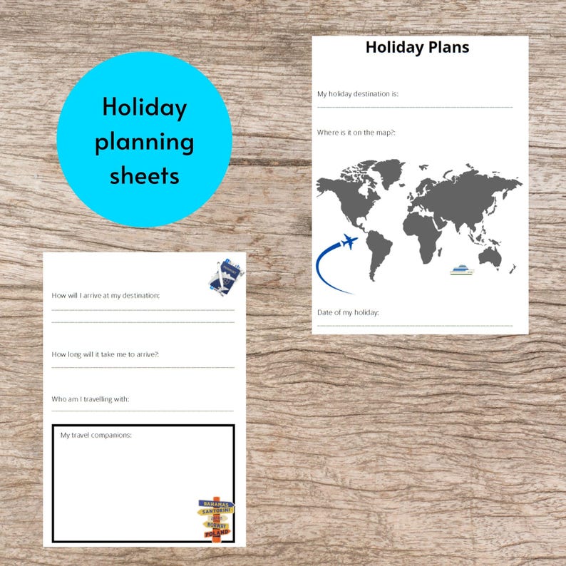 May include: Holiday planning sheets with a blue circle and text. The sheets include prompts for travel planning, such as destination, travel companions, and arrival details. A world map graphic is included.