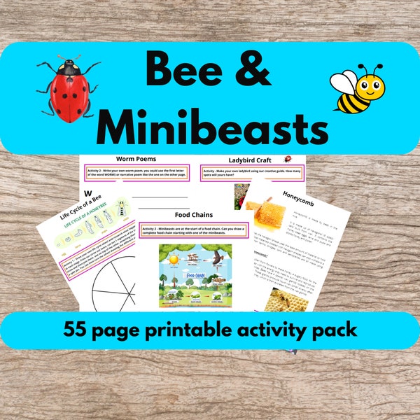 Bees And Minibeast Activity Pack Printable Insect, Worm, Beetle Unit Study Kids Home Learning 1000 hours outdoors Nature Worksheets