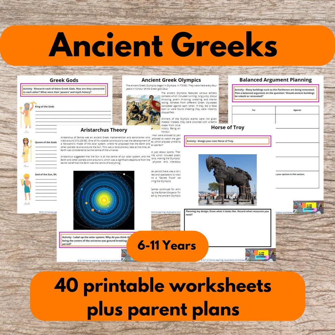 Ancient Greek Activity Pack Printable Kids Worksheets on Greek Myths, Crafts and Maths, Digital