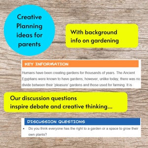 Puede incluir: Material educativo para padres con texto sobre jardiner&iacute;a, preguntas de debate e informaci&oacute;n clave. El dise&ntilde;o incluye cuadros de texto en azul, amarillo y naranja, sobre un fondo de vetas de madera.