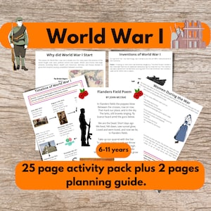 Peut inclure: Un pack d'activités imprimable coloré pour les enfants sur la Première Guerre mondiale. Le pack comprend une chronologie, un poème et des informations sur les femmes pendant la guerre. Le pack est conçu pour les enfants de 6 à 11 ans. Le texte sur la couverture indique "Première Guerre mondiale" et "Pack d'activités de 25 pages plus 2 pages de guide de planification."