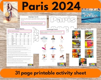 Activités sportives d'été Paris 2024 Pack d'activités pour enfants à imprimer en anglais, mathématiques, travaux manuels et idées d'activités de coloriage