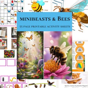 May include: A colorful printable activity book for kids featuring minibeasts and bees. The cover shows a bee on a pink flower, a butterfly in a garden, and a bee anatomy diagram. The book includes 55 pages of activities.