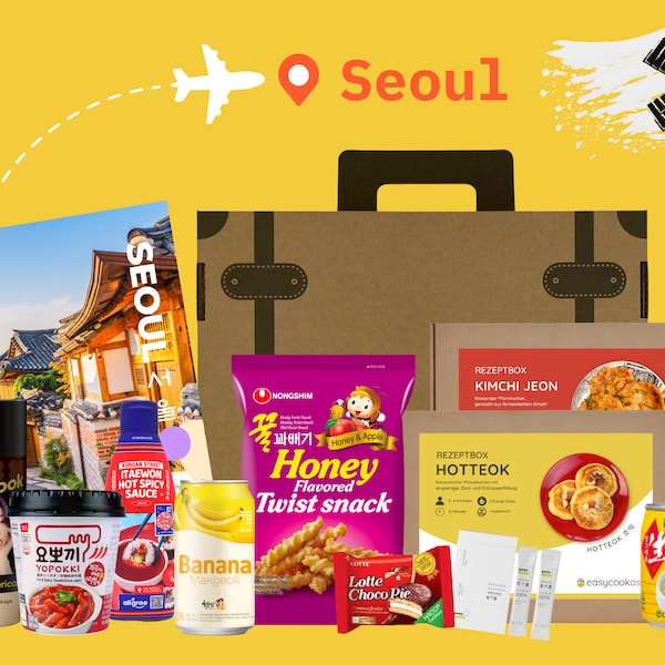 Seoul travel Box | Korea Snack Box - Kochbox - Gourmetbox | Geschenk für Foodies, Asia- und Korealiebhaber | inkl. BTS Coffee, Kimchi