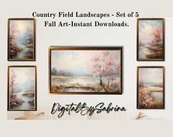 Printable Wildflower Field Landscapes set of 5, Oil Painting Style, Vintage Style, Country Landscape Printable, Fall Art, Instant Download