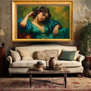 Drunk Woman Portrait Print, Vintage Wall Art, Emerald Green Art, After the Party Art, Retro Room Decor, Printable Wall Art, Portrait Print