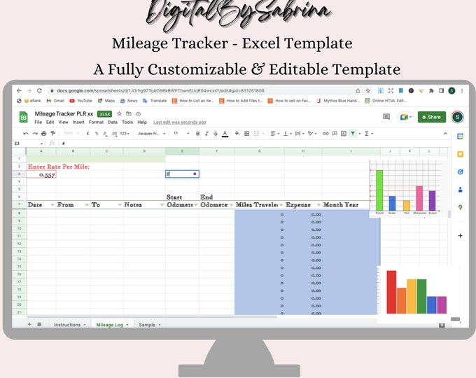 Excel Spreadsheet Template, , Business Mileage Log, Monthly Mileage ...