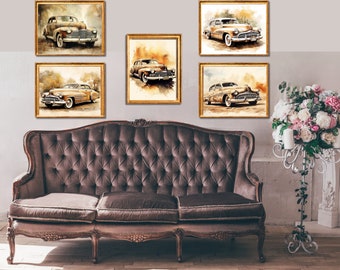 Vintage Sepia Oldsmobile Watercolor style, Wall Prints Set of 5, Classic Car Decor, DIGITAL Prints, Wall Art, Automobile Prints, Wall Art,
