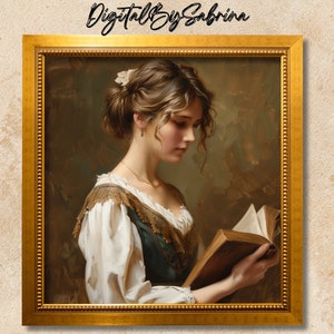 Digital Wall Art, Victorian Woman Reading a Book - Vintage Oil Painting style  - 19th Century English Lady Art Decor- Antique Style Wall art