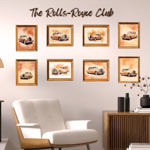 Vintage Rolls-Royce Prints, Set of 8, Watercolour, Retro Style, Home Gallery Decor, Printable Art Set, Classic Automobile Wall Decor set.