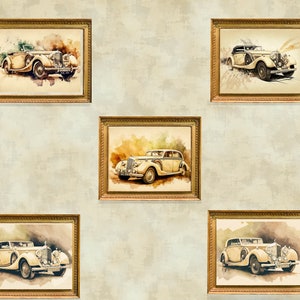 Vintage Car Wall Art Prints - Set of 5 | Watercolor Style | 15x10 inches | Retro Decor | Home Gallery Decor | High Resolution | Classic Cars