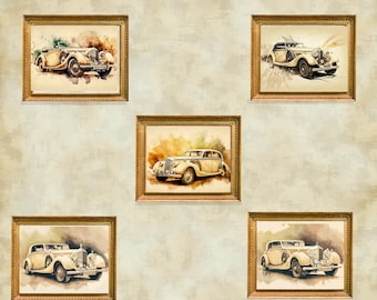 Vintage Car Wall Art Prints - Set of 5 | Watercolor Style | 15x10 inches | Retro Decor | Home Gallery Decor | High Resolution | Classic Cars