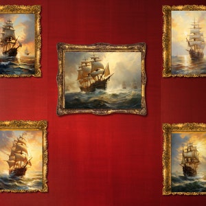 Vintage Warship Wall Art Set of 5, Sailing Ship Prints, Old Ships Wall Art, Seascapes, Instant Download, Home Gallery Set, Printable Art Set