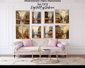 Vintage Mid-Century Paris Cityscapes |Home Gallery Set| Classic Wall Prints| Digital Downloads | Set of 8 | Paris Panorama| Instant Download