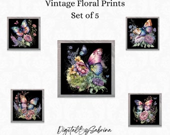 Vintage Floral Wall Art Prints Set of 5 | High-Resolution Flower Art Decor | Classic Printable Art | Black Background | Home Gallery Art Set