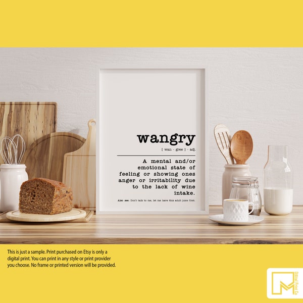 Wangry Definition Wall Art, Printable Kitchen Wall Art, Home Wall Decor, Kitchen Decor, Typography Wall Art, Kitchen Funny Sign, Wine Funny