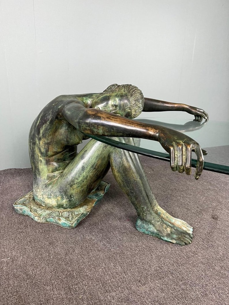 Bronze Coffee Table Featuring Nude Lady Holding Glass Top Etsy