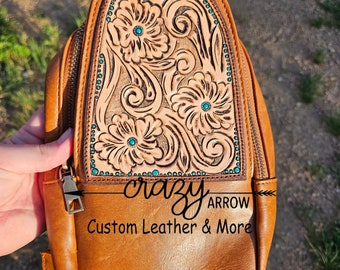 Tooled Leather Patch Sling Bag