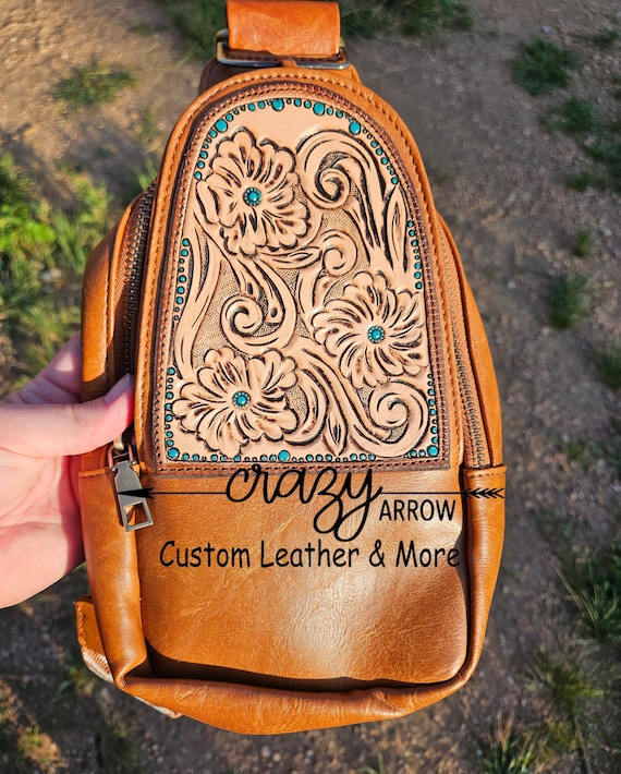 Tooled Leather Patch Sling Bag Etsy Canada