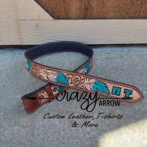 Turquoise Feather Scroll Tooled Belt
