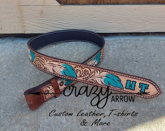 Turquoise Feather Scroll Tooled Belt
