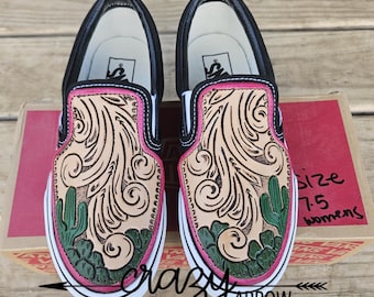Cactus tooled leather womens Slip Ons Size 7.5