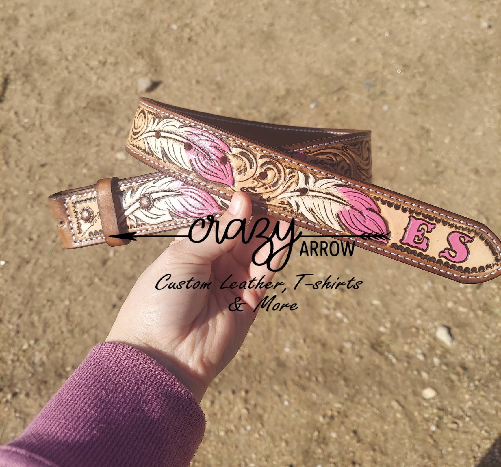 Pink Feather Scroll Tooled Belt - Etsy display picture 2
